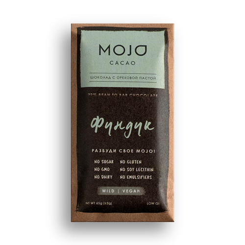 Горький шоколад Mojo cacao 72% Фундук 65гр (Mojo)