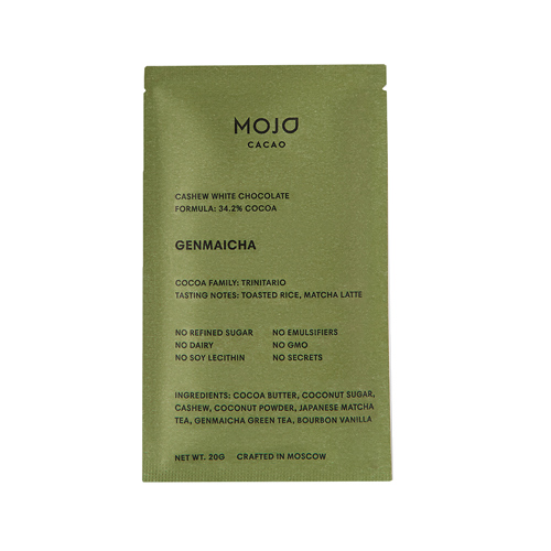 Белый шоколад Mojo cacao с зеленым чаем и обжаренным 20гр (Mojo)